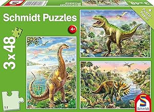 Schmidt Spiele 56202 Abenteuer mit den Dinosauriern, 3x48 Teile Kinderpuzzle