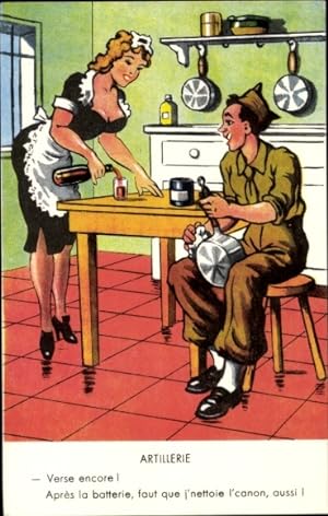 Künstler Ansichtskarte / Postkarte Artillerie, Soldat putzt Kochtöpfe, Dienstmädchen mit großem B...