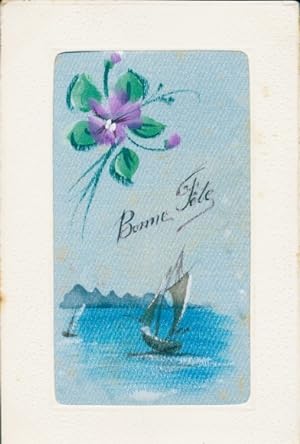Seiden Ansichtskarte / Postkarte Glückwunsch, Segelboot, Blume