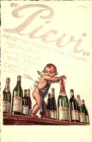 Künstler Ansichtskarte / Postkarte Picvi, Sektflaschen, Tresen, Engel mit Schürze, Spumanti, Verm...