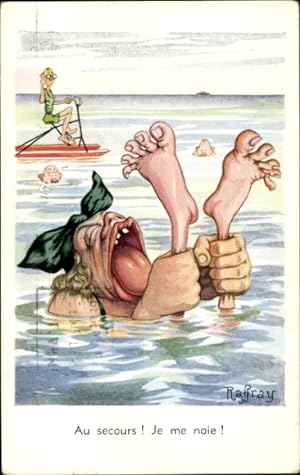 Künstler Ansichtskarte / Postkarte Schreiende Frau im Wasser hält Füße in der Hand, ich ertrinke