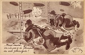 Künstler Ansichtskarte / Postkarte Soldaten auf dem Schlachtfeld unter Beschuss