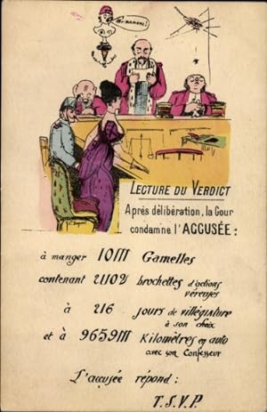 Ansichtskarte / Postkarte Lecture du Verdict, la Cour condamne l'Accusee a manger Gamelles, conte...