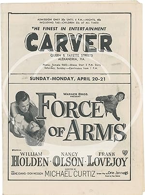 Original promotional theater flyer for the Carver Theater circa 1951, featuring "Force of Arms," ...