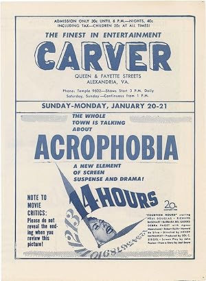 Original promotional theater flyer for the Carver Theater circa 1951, featuring "Fourteen Hours,"...