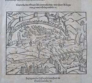 Ottoman Siege of Ciutadella Italy 1598 Munster Cosmography wood cut city view