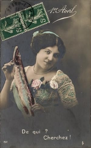 Ansichtskarte / Postkarte Glückwunsch 1. April, Frau-Portrait, Fisch