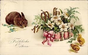 Ansichtskarte / Postkarte Glückwunsch Ostern, Osterhase, Küken, Blumenkorb