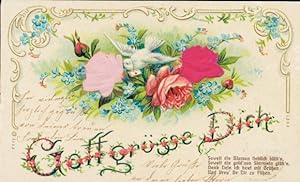 Stoff Präge Ansichtskarte / Postkarte Gott grüße Dich, Blumen, Rosen, Taube