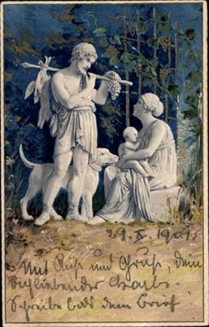 Künstler Ansichtskarte / Postkarte Antikes Griechenland, Mutter, Kind, Mann, Hund, Jäger