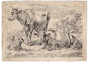 Antique Print-ANIMAL-COWS-SHEEP-MEADOW-Berchem-1679