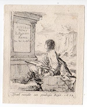Antique Master Print-SHARPENING PENCIL-MONUMENT-TITLEPAGE-della Bella-1650
