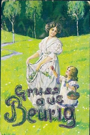 Glitzer Künstler Ansichtskarte / Postkarte Mailick, Beurig, Frau mit Kind auf Blumenwiese