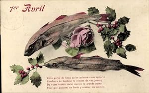Ansichtskarte / Postkarte Glückwunsch 1. April, Fische, Rose, Stechpalme