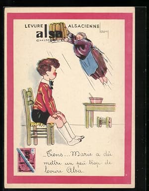 Künstler-Ansichtskarte Levure Alsacienne alsa Chimique, Frau fliegt mit Kuchen davon, Reklame