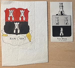 Drawing Wapenkaart/Coat of Arms: Two handcolored coat of arms Van Dam with with three castles, 2 pp.