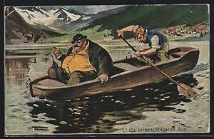 Ansichtskarte O du himmelblauer See., Übergewichtiger im Boot, Bootsführer schwitzt beim Rudern