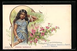 Ansichtskarte Femme Tamoule, Véritables Grains de Santé du Docteur Franck, Reklame für Medikament