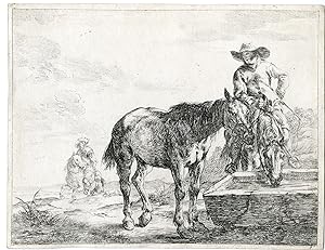 Antique Master Print-HORSES-DRINKING-THROUGH-HORSEBACK-Stoop-1651