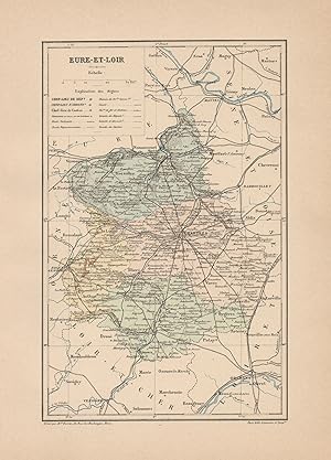 1892 France, Eure-et-Loire, Carta geografica, Old map, Carte géographique ancienne
