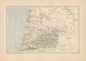 1892 France, Landes, Carta geografica, Old map, Carte géographique ancienne