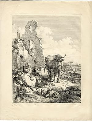 Antique Master Print-COW-HERDING-SHEEP-SHEPHERDESS-Van Os-Berchem-c.1791-1839