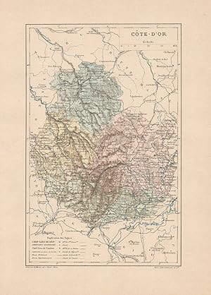 1892 France, Côte d'Or, Carta geografica, Old map, Carte géographique ancienne