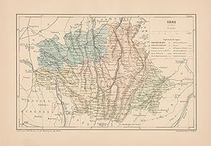 1892 France, Gers, Carta geografica, Old map, Carte géographique ancienne