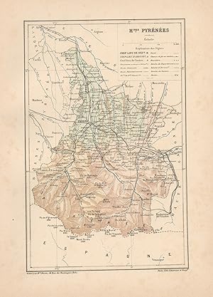 1892 France, Hautes Pyréneées, Carta geografica, Old map, Carte géographique ancienne