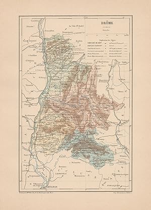 1892 France, Drôme, Carta geografica, Old map, Carte géographique ancienne