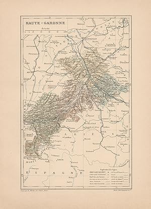 1892 France, Haute Garonne, Carta geografica, Old map, Carte géographique ancienne