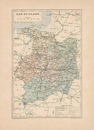 1892 France, Ille et Vilaine, Carta geografica, Old map, Carte géographique ancienne