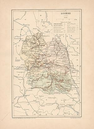 1892 France, Lozère, Carta geografica, Old map, Carte géographique ancienne