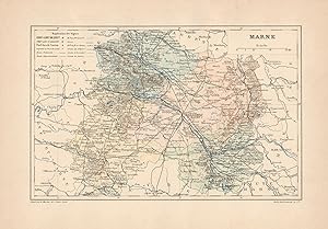 1892 France, Marne, Carta geografica, Old map, Carte géographique ancienne
