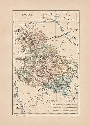 1892 France, Yonne, Carta geografica, Old map, Carte géographique ancienne