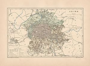1892 France, Seine, Carta geografica, Old map, Carte géographique ancienne