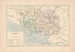 1892 France, Morbihan, Carta geografica, Old map, Carte géographique ancienne
