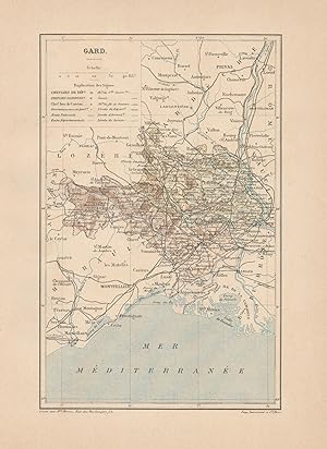 1892 France, Gard, Carta geografica, Old map, Carte géographique ancienne