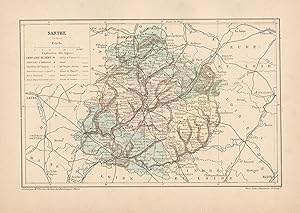 1892 France, Sarthe, Carta geografica, Old map, Carte géographique ancienne