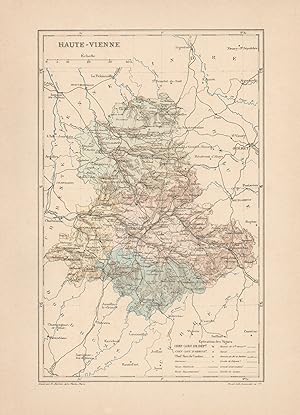 1892 France, Haute Vienne, Carta geografica, Old map, Carte géographique ancienne