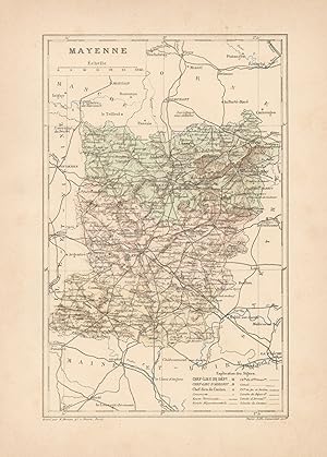 1892 France, Mayenne, Carta geografica, Old map, Carte géographique ancienne