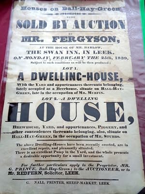 Property Sales Poster 1839 In Leek. Ball-Haye Green Houses.