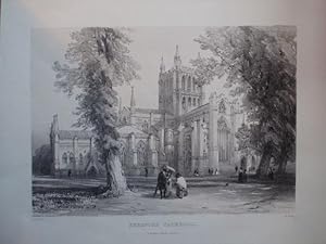Original Antique Lithograph Illustrating a View of Hereford Cathedral, Herefordshire. Published B...