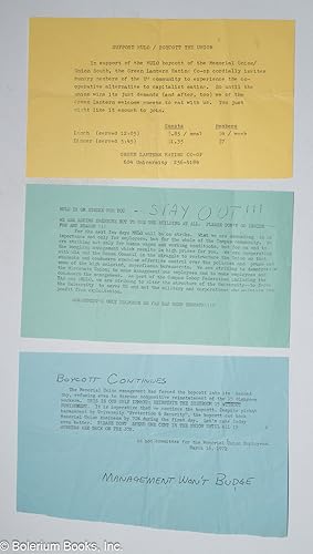 [3 handbills on the Memorial Union Labor Organization (M.U.L.O.) 1972 boycott of the student unio...