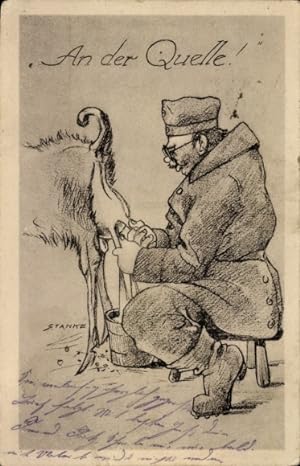Künstler Ansichtskarte / Postkarte An der Quelle, Soldat melkt eine Ziege