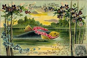 Ansichtskarte / Postkarte Glückwunsch 1. April, Fisch, Veilchen, Vergissmeinnicht