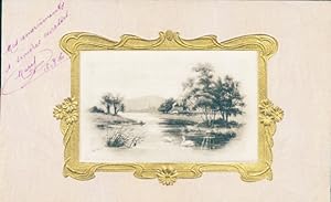 Präge Passepartout Ansichtskarte / Postkarte Teich, Schwäne, Bäume