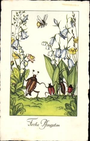 Ansichtskarte / Postkarte Glückwunsch Pfingsten, Maikäfer, Biene, Blumen