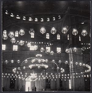 Egitto 1950, Il Cairo, Lampadario illuminato Moschea Mohammed Alì, Fotografia vintage