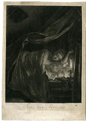 Rare-Antique Master Print-MAN-ASLEEP-BED-BOOK-CANDLE-Bounieu-c.1785